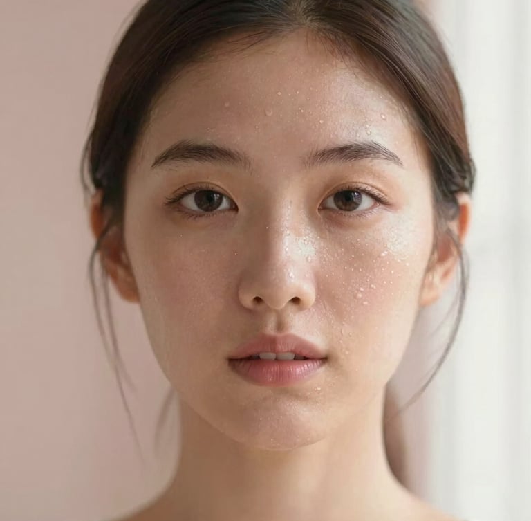 Close-up portrait of a woman with dewy skin, soft morning light, natural texture visible, warm alabaster background, 85mm
