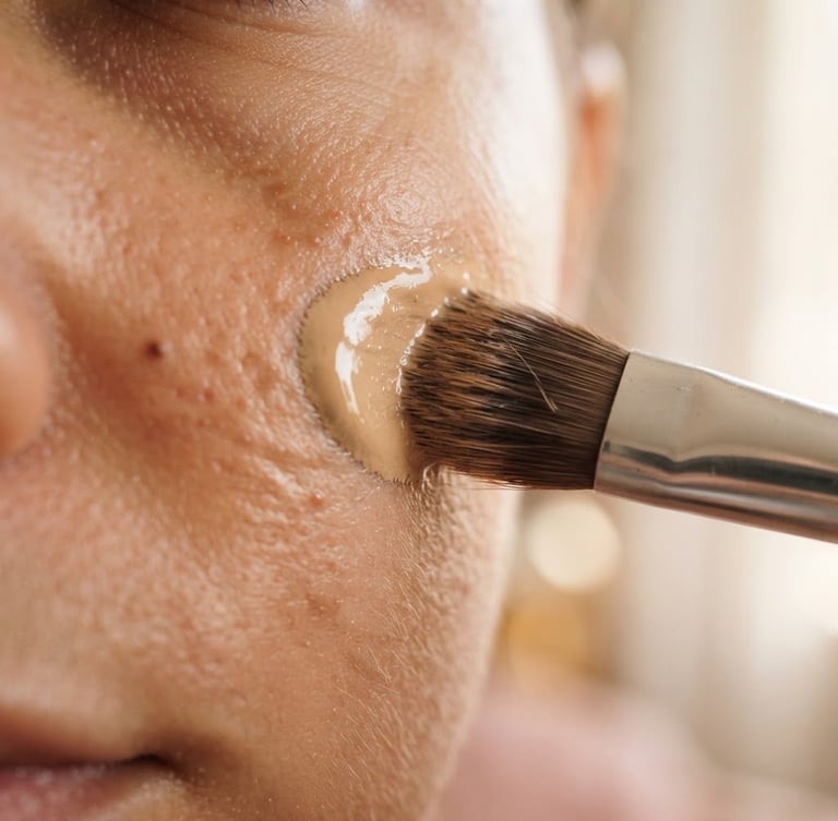 Macro texture shot of creamy liquid foundation blending onto warm skin, soft morning light, shallow depth of field, 85mm
