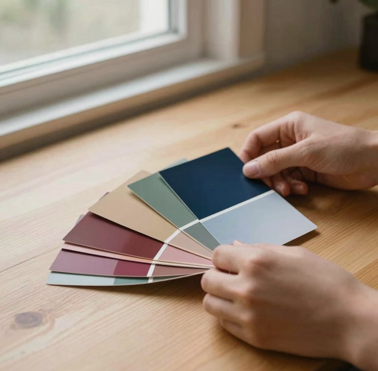 A close-up of hands arranging minimalist color swatches on a clean wooden table, soft side window light, deep jewel tones, warm editorial style
