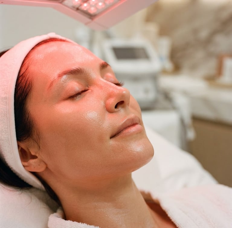 Close-up of radiant, firm skin under a soft red LED phototherapy glow, clinical luxury spa setting, high-end texture, 35mm