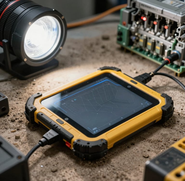 Macro shot of a ruggedized diagnostic tablet connected to a Caterpillar engine ECM module, dusty industrial environment, sharp work light