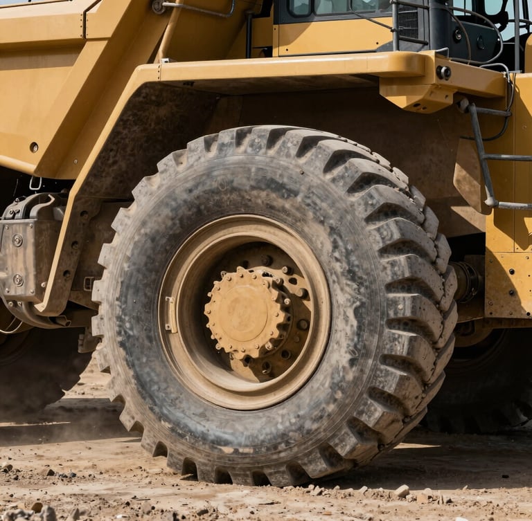 A close-up portrait of a heavy Caterpillar mining truck wheel and chassis, high-contrast natural sunlight of an open-pit mine, dust on metal, sharp industrial detail.
