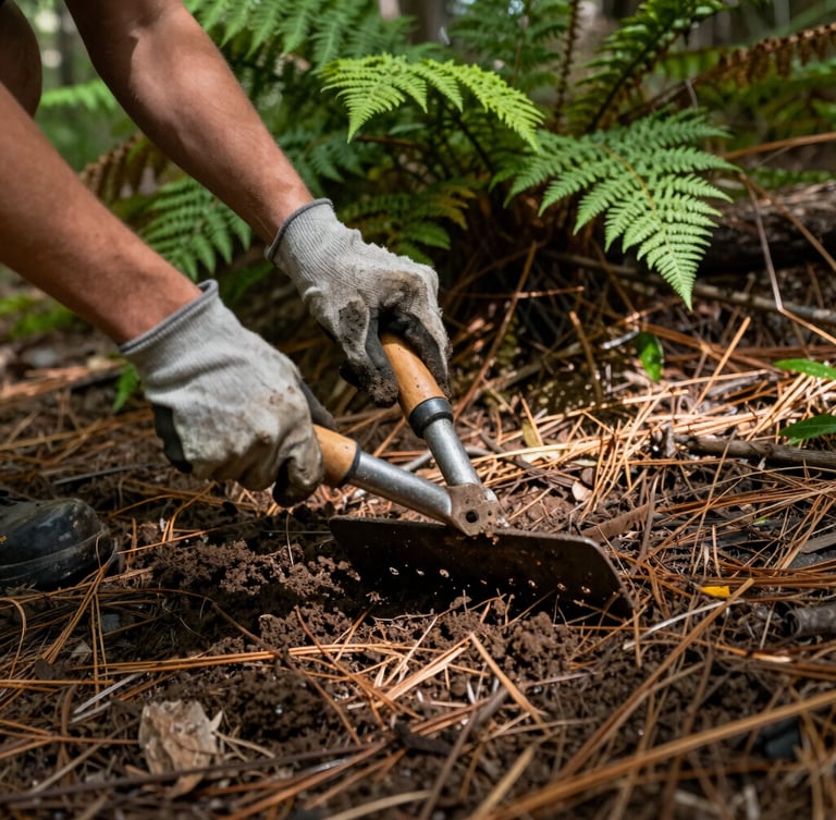 Close-up of youth hands in work gloves using a trail tool to clear dirt on a woodland path, lush green ferns and pine needles in background, dappled sunlight, 35mm