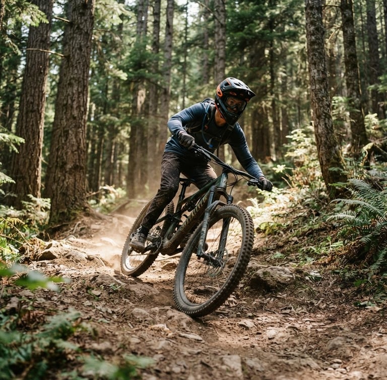 Low-angle dynamic shot of a teenage mountain biker wearing a helmet, navigating a dirt trail through towering pines, dappled forest sunlight, rugged terrain, 35mm