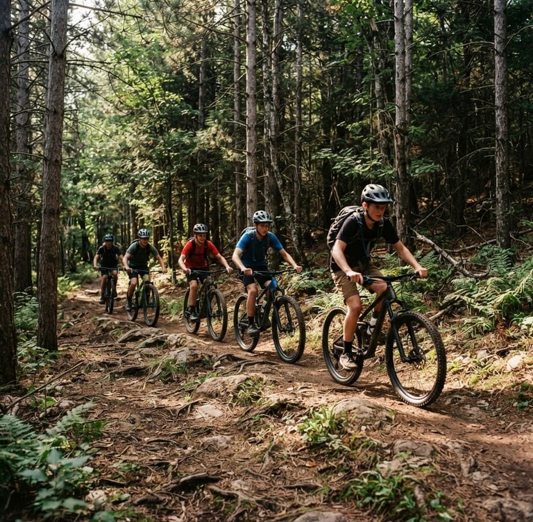 A wide-angle shot of a group of helmeted teenage cyclists riding in a single line through a dense pine forest in Marquette, Michigan, dappled afternoon sunlight hitting the dirt trail, rugged 35mm photography style.