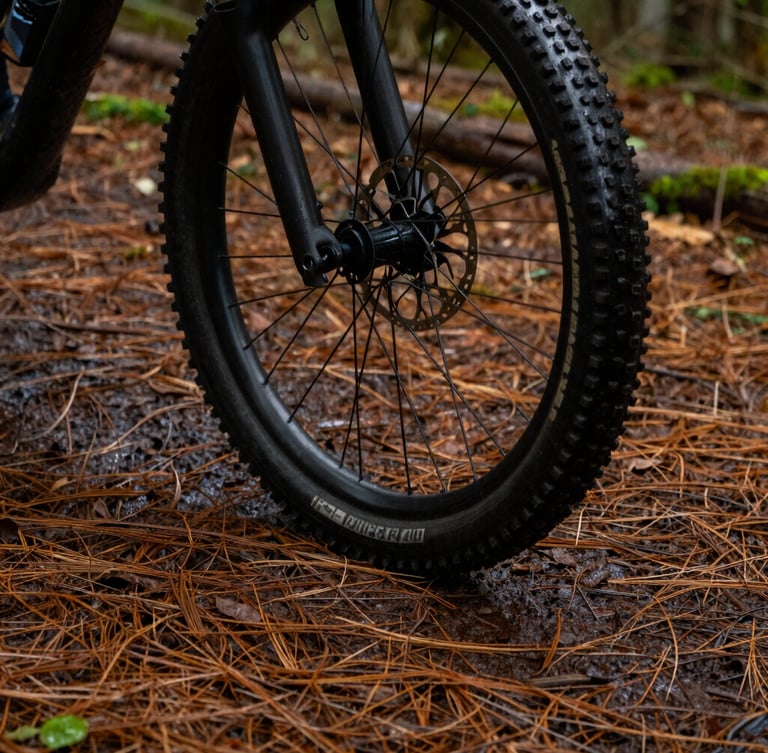 Close-up shot of a mountain bike tire on wet forest soil, pine needles on the ground, rich earthy tones, 35mm