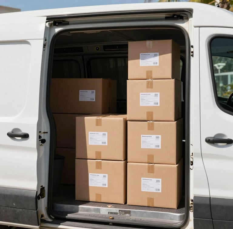 A medium shot of a branded delivery van with cargo doors open, showing neatly stacked cardboard boxes with clear shipping labels under bright Jamaican daylight.