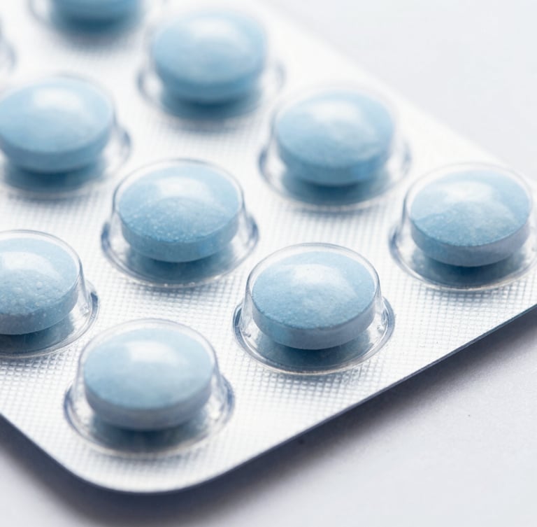 Macro close-up of dry oral solid tablets in clean white blister packs, bright clinical high-key studio light, clinical blue and white tones, sharp detail