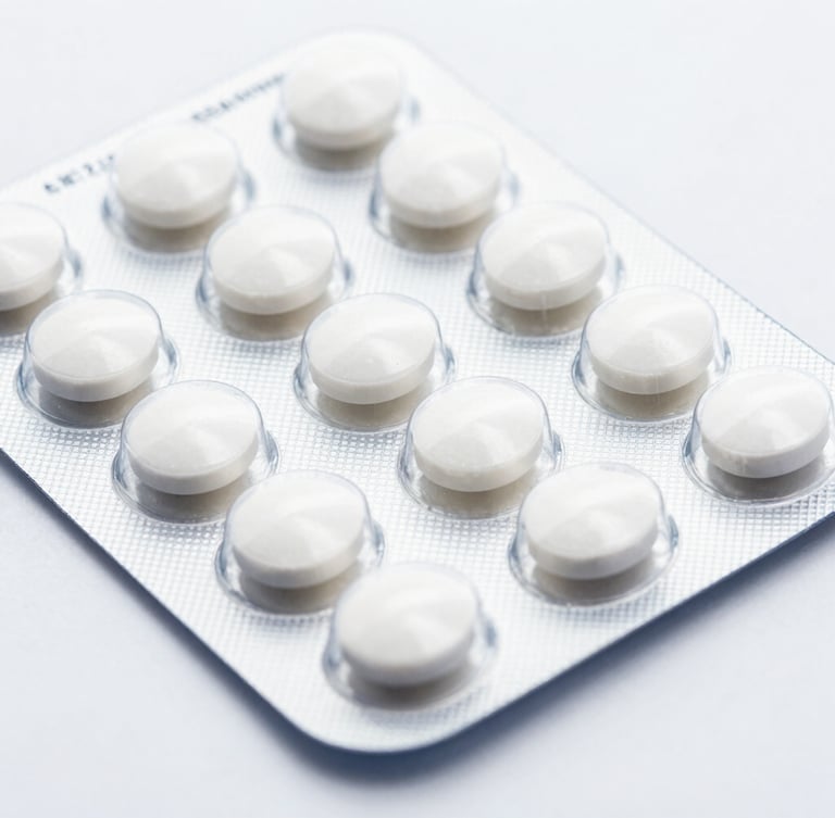 Macro clinical photograph of clean white B2B pharmaceutical blister packs containing oral tablets, high-key studio lighting, sharp focus, 50mm