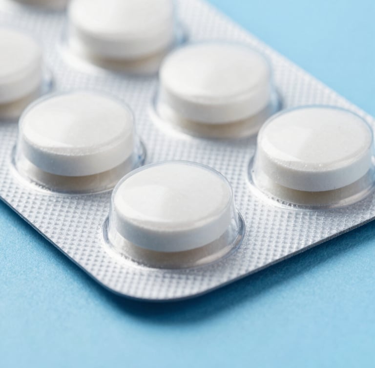 Macro close-up of clean white oral tablets in a blister pack on a sterile blue background, clinical lighting, sharp focus