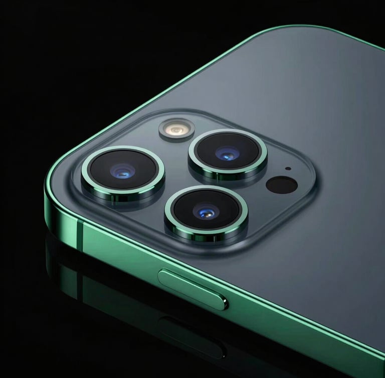 Sleek dark-mode smartphone close-up, neon green edge lighting, macro lens focus on pristine camera module, black background