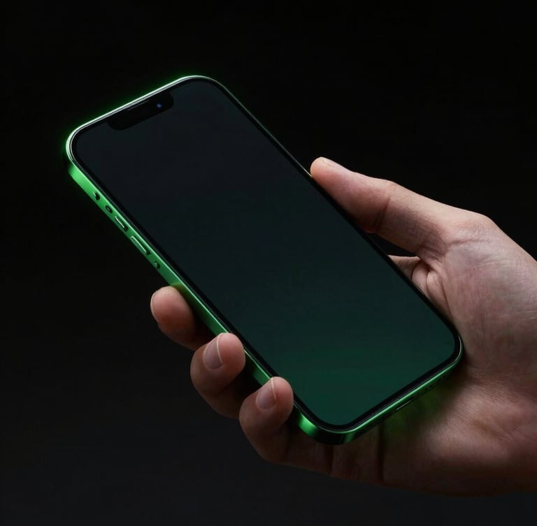 Sleek dark-mode product photography, dramatic neon green edge lighting, high-contrast black background, sharp macro details of a hand holding a pristine smartphone with glowing screen