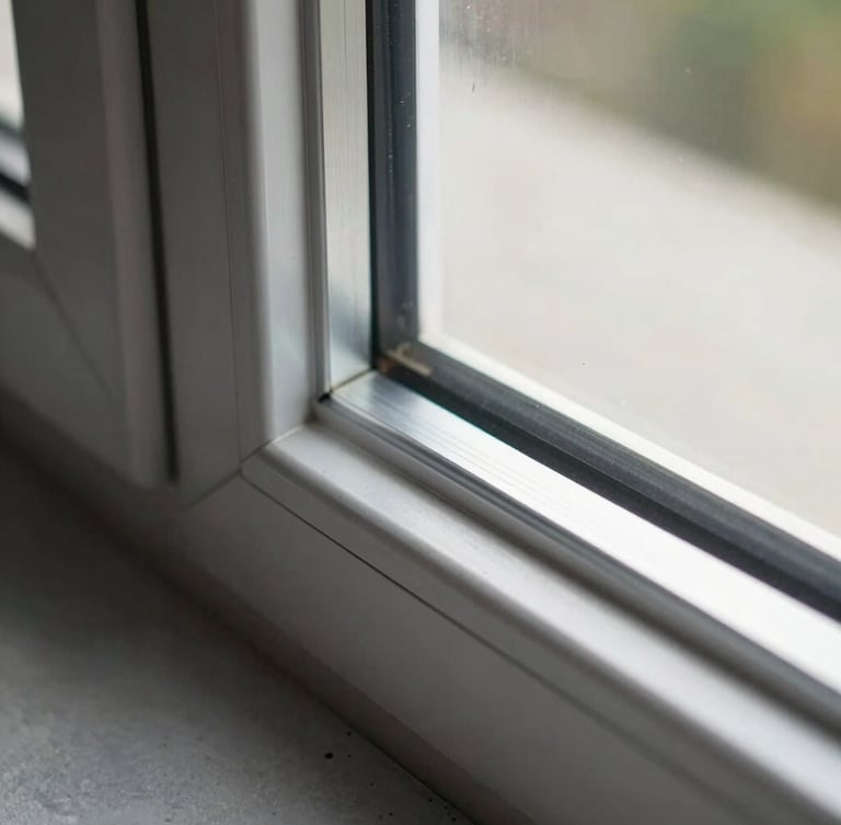 Macro detail shot of a flush anodized aluminum window frame meeting raw concrete with a perfect three-millimeter reveal, crisp daylight.