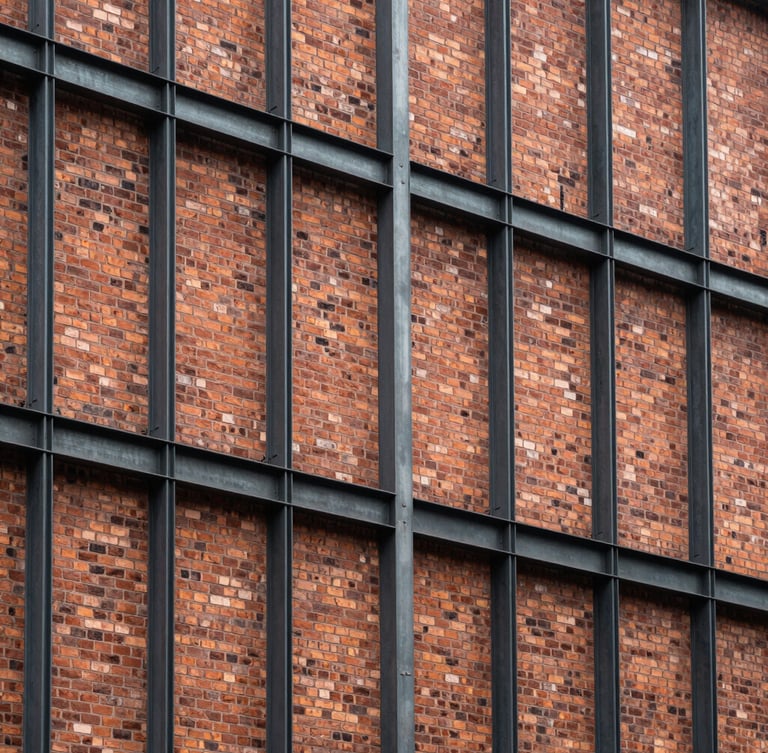 Vertical architectural shot of a modern steel frame retrofitted into a historic brick facade, clean straight lines, raw steel meeting weathered clay.