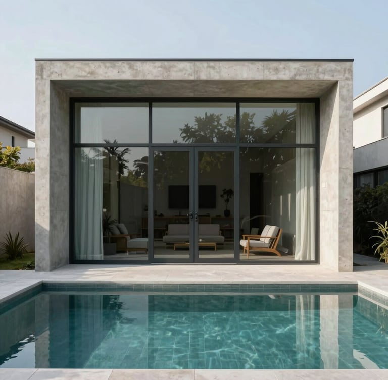 Straight-on elevation shot of a monolithic concrete residential pavilion with large minimalist glass sliding doors, crisp daylight, reflecting a quiet courtyard pool