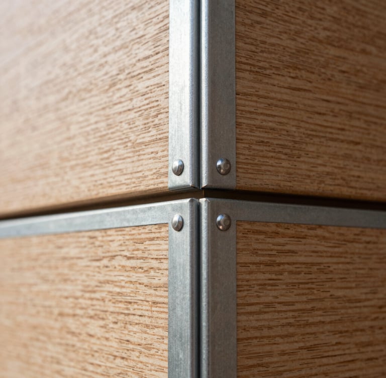 Macro detail of a flush wood-to-steel material junction on a modern residential wall, crisp daylight, sharp focus on the millimeter-precision reveal