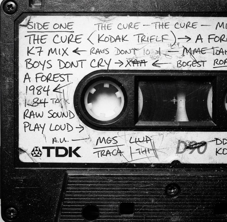 Extreme close-up of a vintage cassette tape shell with hand-written label, harsh direct flash, high contrast monochrome, raw analog grain, 35mm film photography