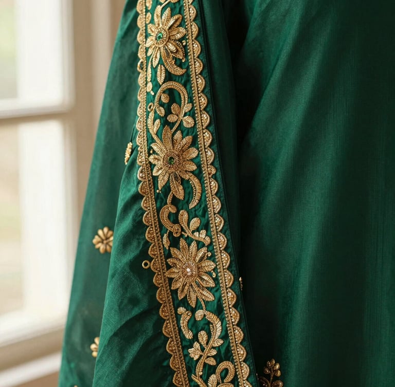 Close-up of intricate gold zari embroidery on deep emerald green silk fabric, showing high-coverage sleeve detail, soft diffused natural light, warm editorial fashion photography, 85mm
