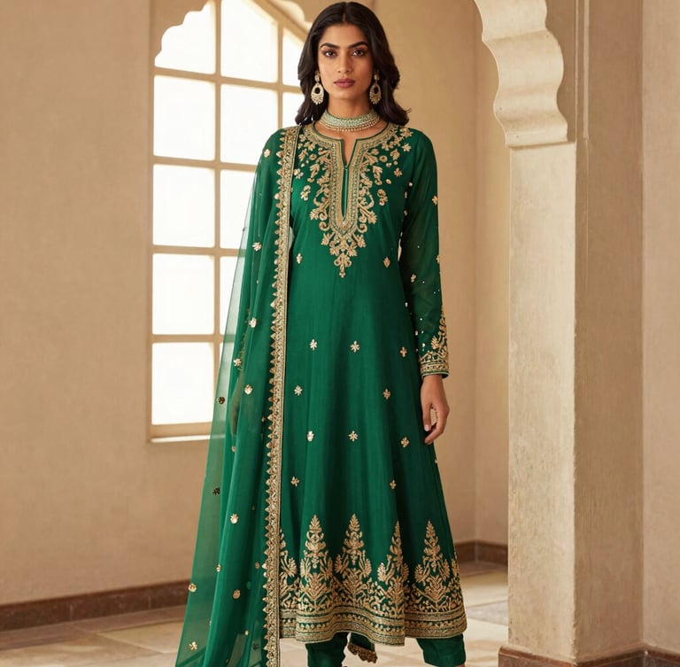 A graceful model in a long-sleeved, high-neck emerald green Pakistani silk anarkali dress with intricate gold zari embroidery, standing elegantly near a stone archway, soft diffused natural window light, editorial fashion photography, 85mm