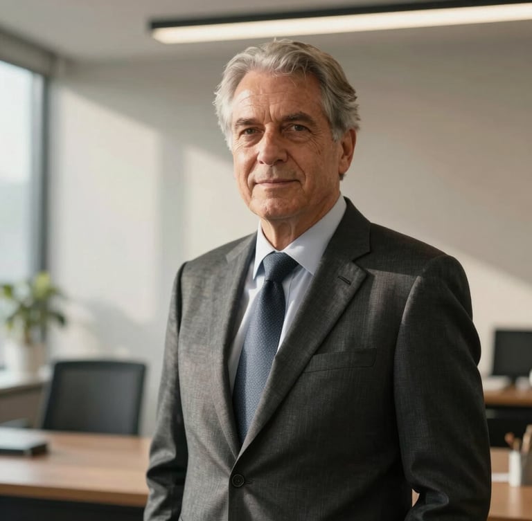 Portrait of a senior male attorney in a modern sunlit office, neutral background, soft side-lighting, looking confident and approachable