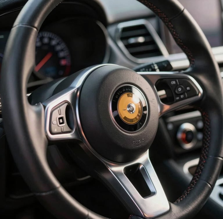 Tight dramatic close-up of a premium steering wheel and machined metal dashboard dials, sharp metallic reflections, high-contrast studio lighting
