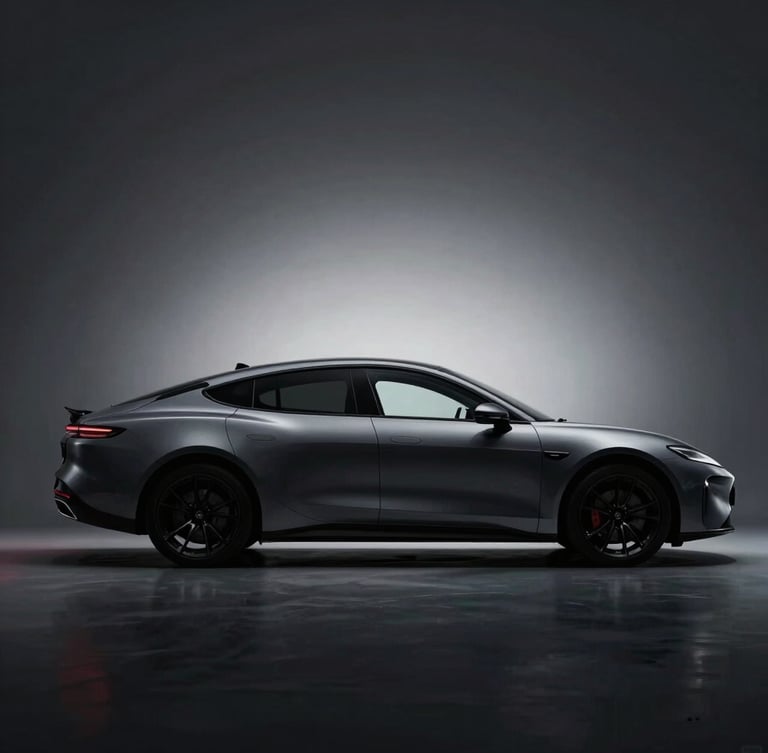 Sleek isolated vehicle silhouette in high-contrast studio lighting, deep shadows, sharp metallic reflections against a dark background, wide panoramic framing.