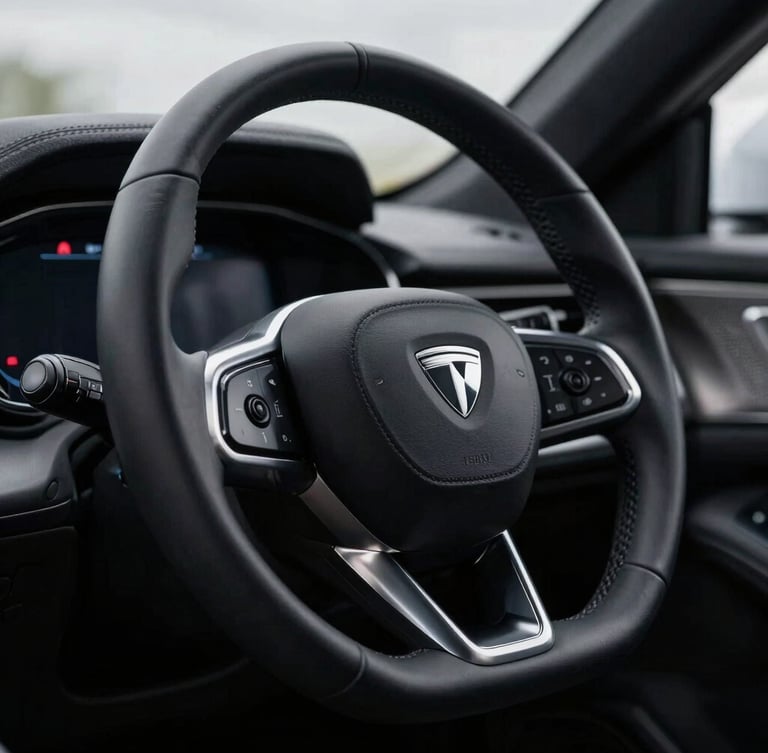 Tight dramatic close-up of a premium EV steering wheel and machined metal dashboard details under moody overcast daylight