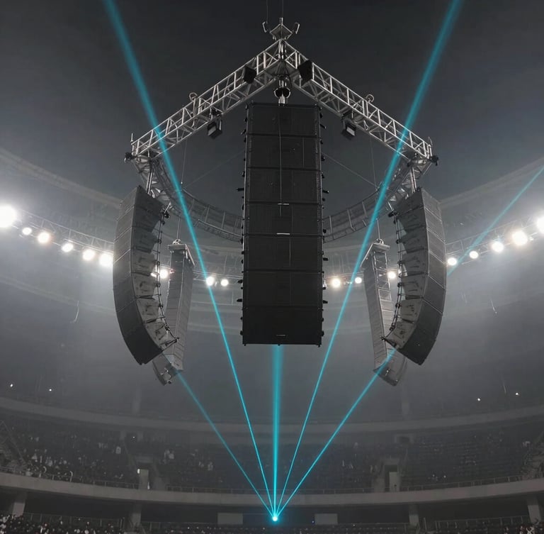 Dramatic wide-angle shot of a suspended line-array sound system in a dark stadium, sharp cyan laser beams cutting through heavy haze, pristine aluminum trussing, theatrical lighting, high contrast.