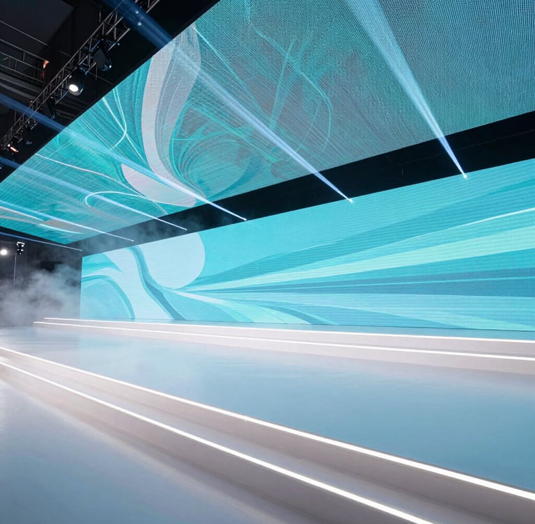 Wide panoramic shot of a premium corporate stage setup, clean geometric white lines, a massive LED screen displaying abstract cyan graphics, laser beams cutting through light haze, sharp architectural lines, 21:9 perspective.
