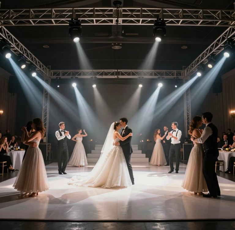 A high-end wedding dance floor under a custom geometric truss system, sharp beam lights and soft haze creating a dramatic theatrical look, elegant guests dancing, professional event production.
