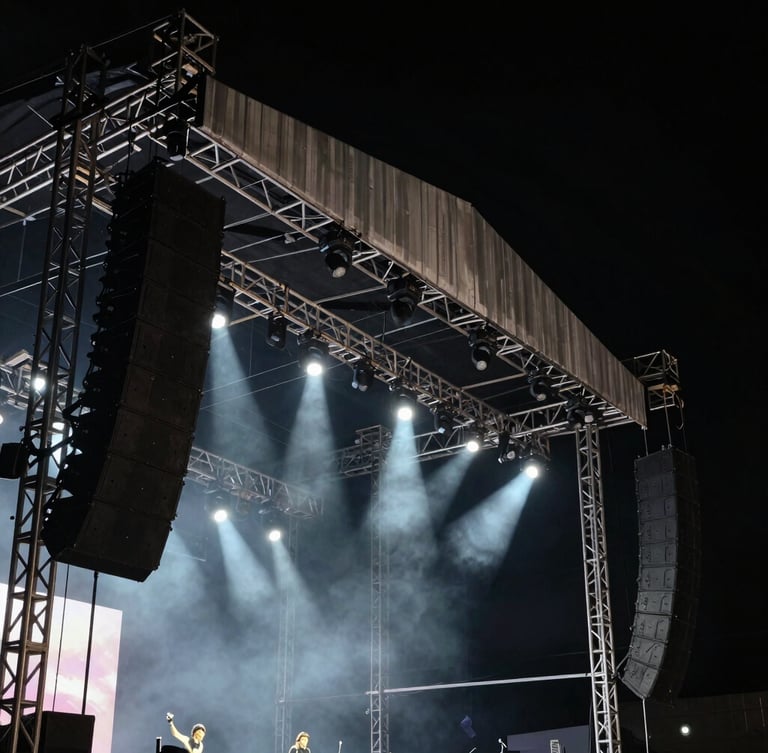 Dramatic portrait shot of a massive concert stage trussing system, heavy line-array speakers suspended, sharp white spotlights cutting through dark haze, high-contrast black background.