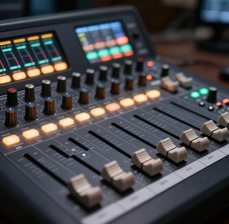 Close-up of a professional digital audio mixing console with glowing faders and responsive LED meters in a dark venue, shallow depth of field