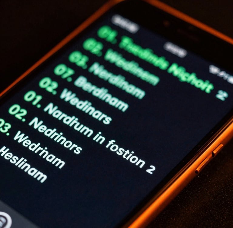 Extreme macro shot of a physical Android phone screen showing a terminal-style launcher interface with safety orange borders, glowing neon cyan text, low-key ambient lighting, screen-glow reflecting on dark metallic edges.