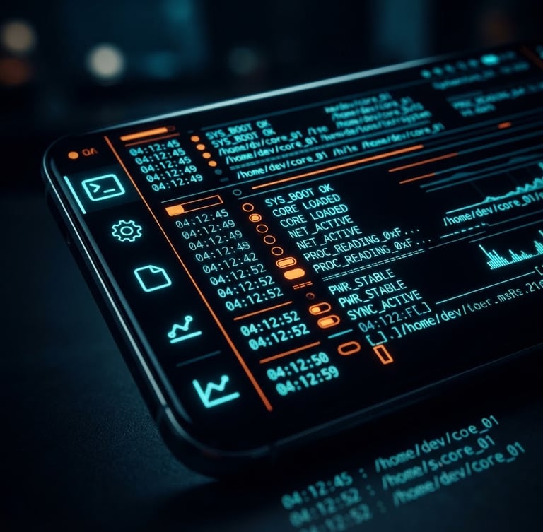 Extreme close-up of a modern bezel-less mobile screen displaying a clean terminal-inspired custom launcher interface with neon cyan text and safety orange accent lines, glowing in a low-light ambient room, macro lens.