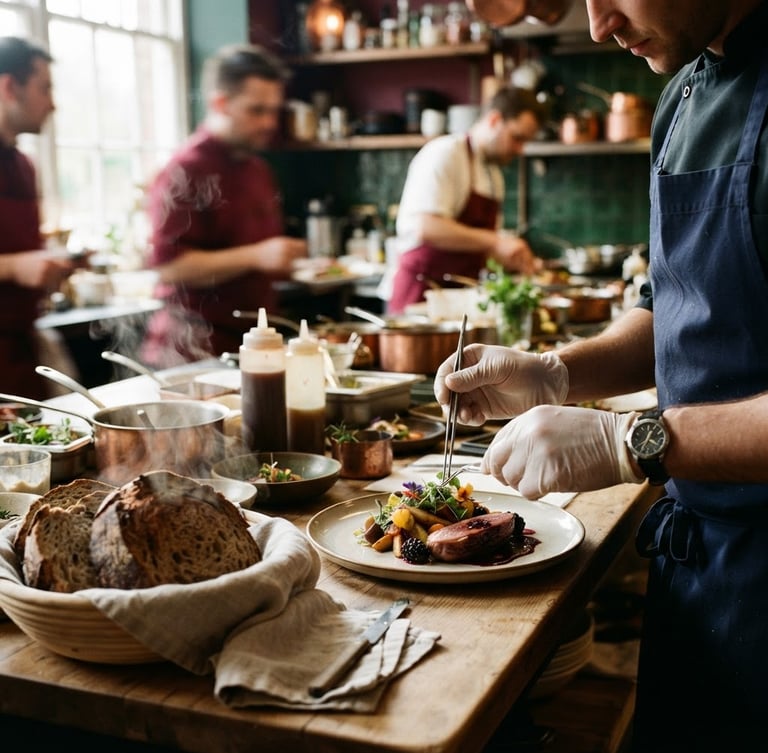 Wide shot of a chef's hands carefully plating a dish in a bustling restaurant kitchen, steam rising from fresh sourdough in the foreground, natural northern daylight, rich crimson and forest green tones, shallow depth of field, 35mm film.