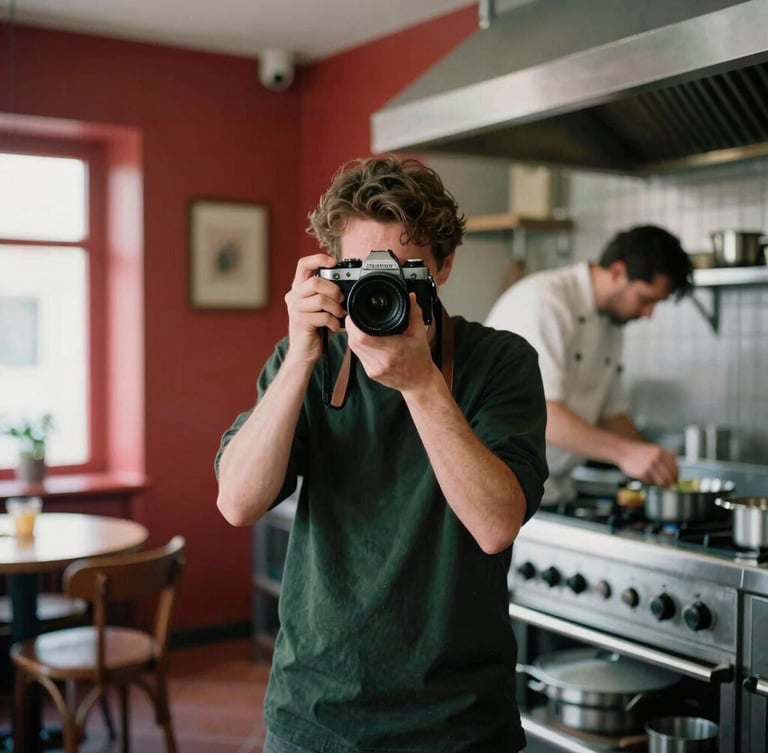 Medium shot of a photographer with a vintage film camera discreetly capturing a chef working in a cozy, Scandinavian-style restaurant kitchen, natural northern daylight, rich crimson and forest green tones, shallow depth of field, 35mm film.