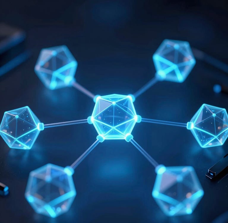 Macro shot of glowing 3D geometric nodes representing blockchain connectivity, deep blue and electric cyan luminescence, dark ambient shadows