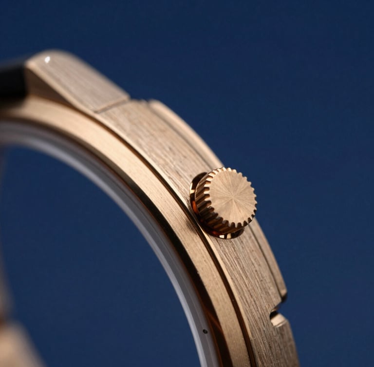Macro studio shot of a luxury watch crown with golden reflections, deep imperial blue background, high contrast, 85mm