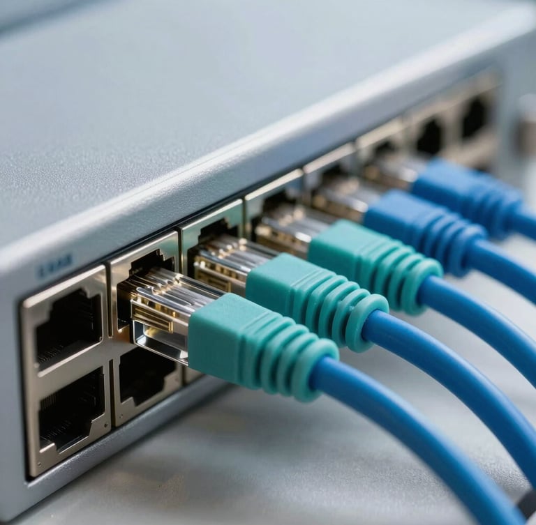 Close-up macro shot of neatly organized teal and blue ethernet cables connected to a high-end enterprise network switch, soft technical lighting, shallow depth of field.