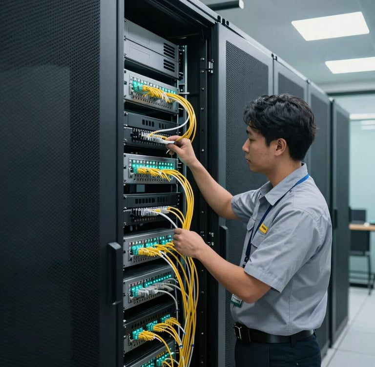 Wide shot of a clean, modern server room in Jakarta, professional Indonesian network engineer in technical uniform inspecting fiber optic cabling, cool daylight with soft teal LED highlights.