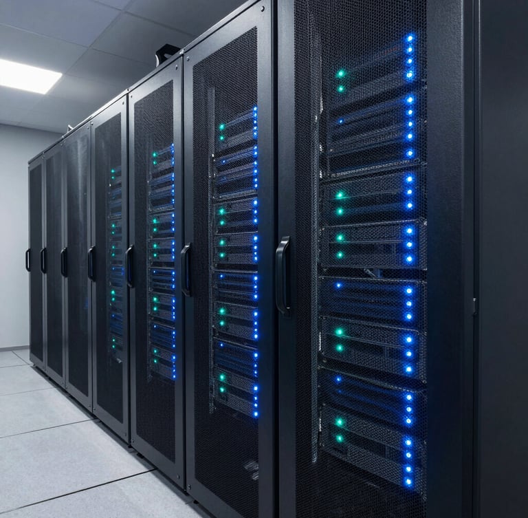 Wide panoramic shot of a modern clean server room with blue and teal LED indicator lights on high-end server racks, sharp focus, industrial precision.
