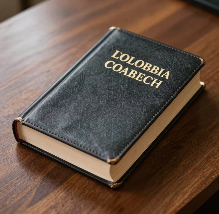 Close-up of a dark leather-bound Colombian legal code book resting on a polished mahogany desk, warm natural side light.