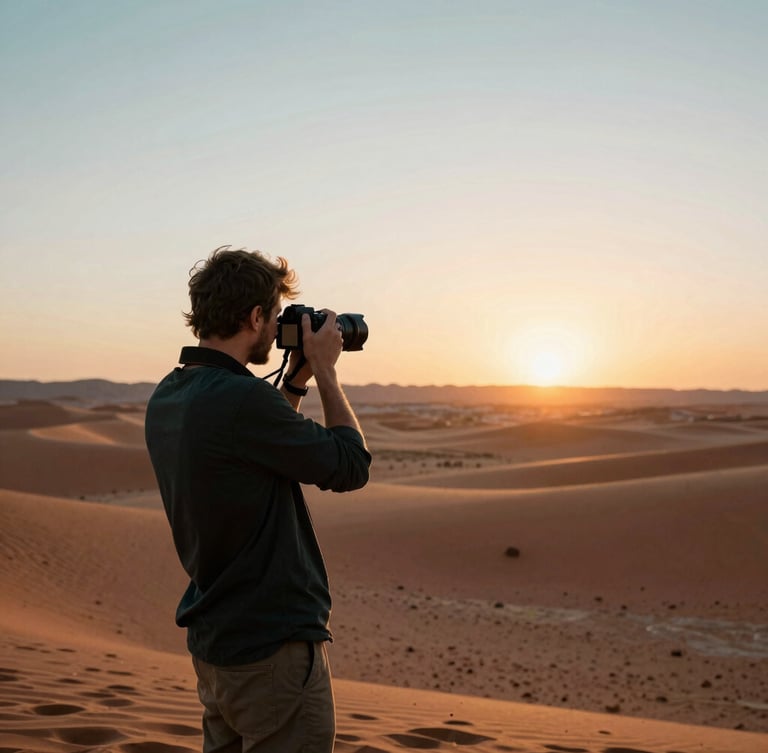 Dynamic environmental portrait of a travel creator with a camera at sunset, overlooking a vast terracotta desert valley, warm golden-hour light, 35mm film style
