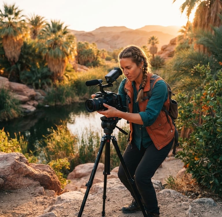 Dynamic environmental portrait of a professional travel creator filming with a high-end camera during golden hour in a desert oasis, warm backlighting, deep teal and terracotta tones, shallow depth of field.