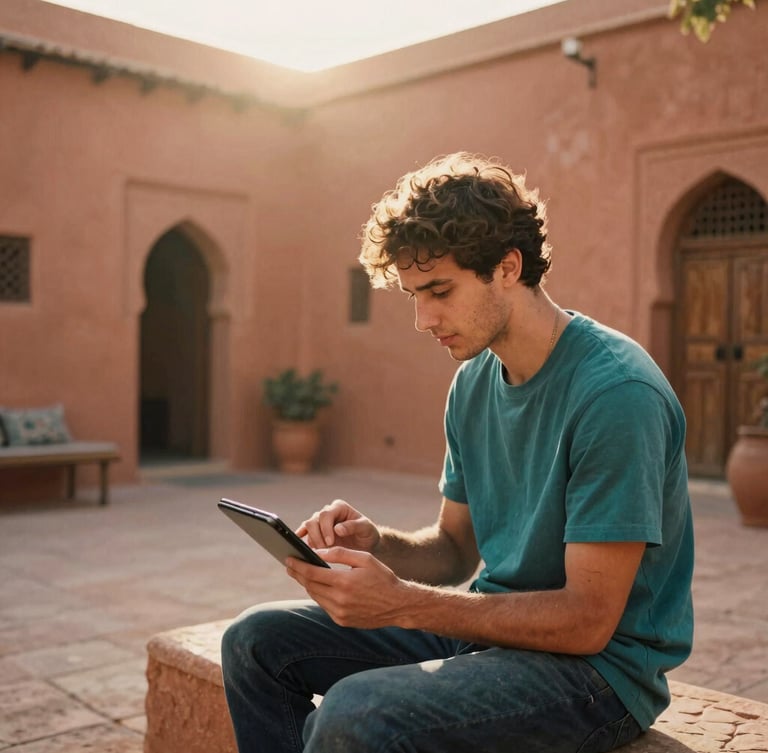 Environmental portrait of a travel creator reviewing campaign metrics on a tablet, sitting in a warm terracotta-walled courtyard in Marrakech, soft golden hour sun backlighting, 35mm film style