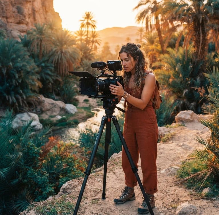 Dynamic environmental portrait of a travel creator filming with a professional camera during golden hour in a desert oasis, warm backlighting, shallow depth of field, 35mm film style.