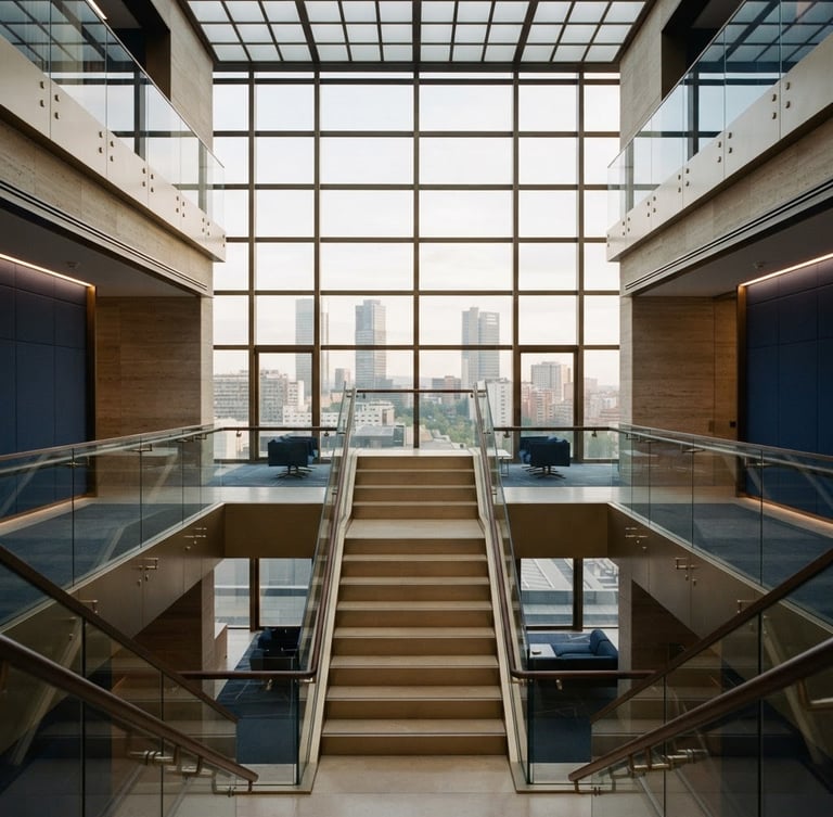 Symmetrical architectural detail of a prestigious modern office building in Madrid, soft natural window light, muted navy and champagne tones, 35mm