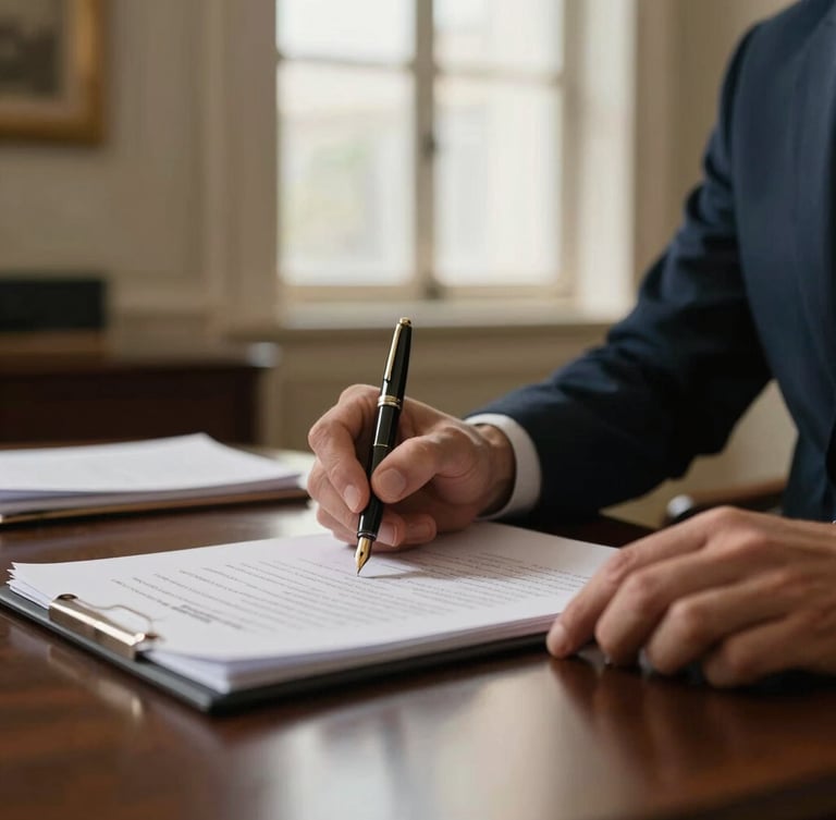 Close-up of professional hands reviewing legal documents with a classic fountain pen, elegant corporate office interior, warm low-contrast lighting, 35mm.