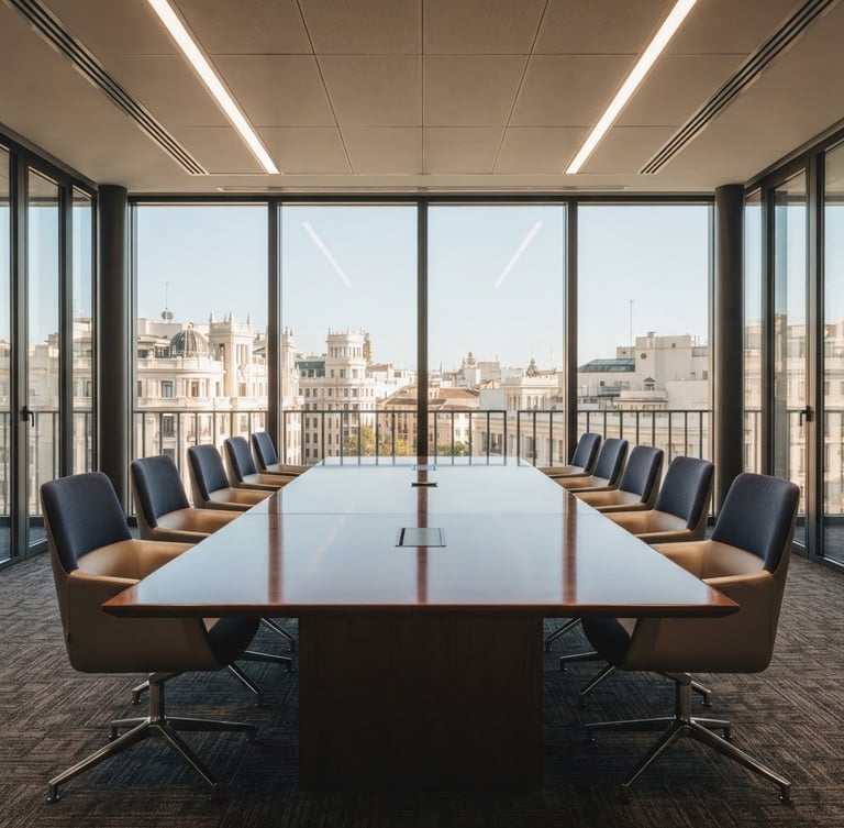 Symmetrical architectural shot of a modern, prestigious law firm boardroom in Madrid, soft natural window light reflecting on a dark polished oak table, muted navy and champagne tones, 35mm.