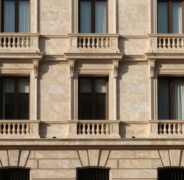 Symmetrical architectural detail of a prestigious historical office building facade in Madrid, warm champagne stone, soft natural window light, elegant clean lines, 35mm